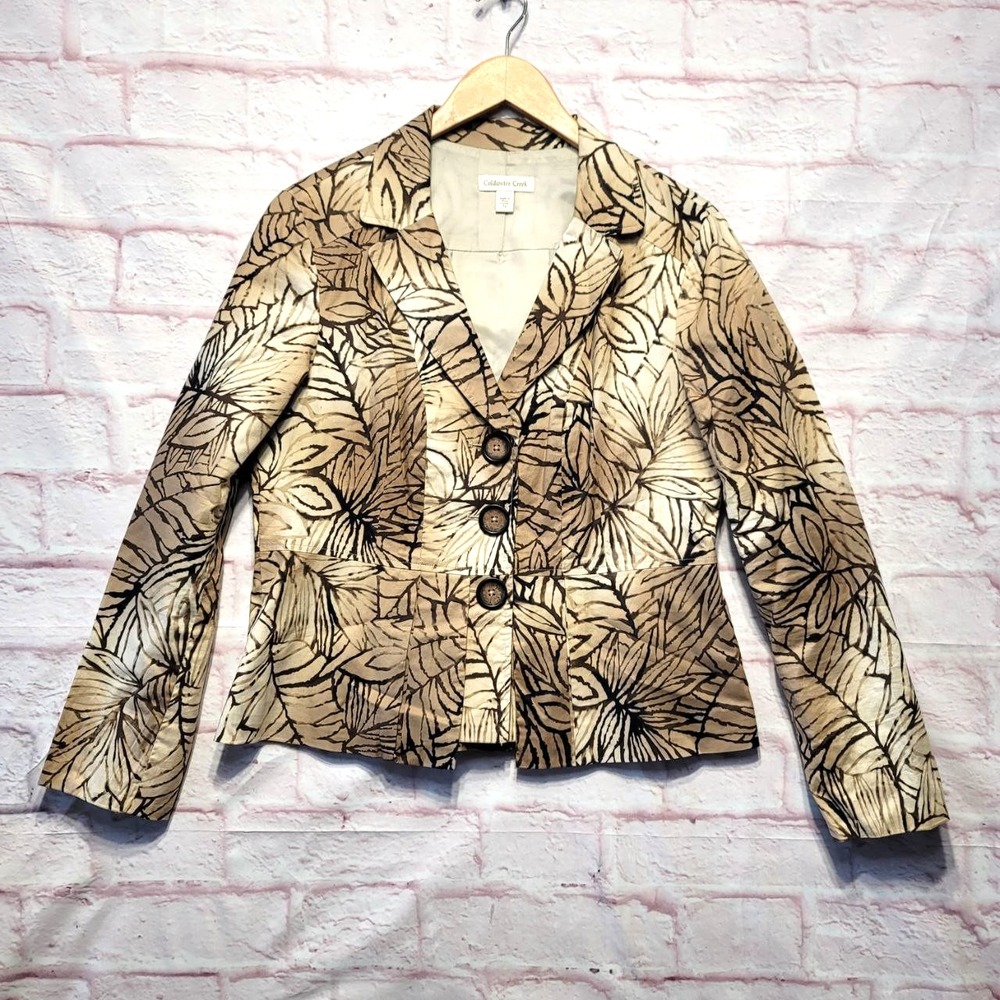 Coldwater Creek Leaf Print Blazer Jacket Women 12 Button Front Lined Costal Chic
